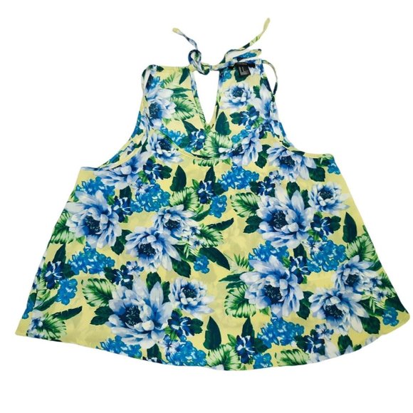 Forever 21 Tank Top Womens Juniors Small Blue Floral Crop Tie Neck - Picture 1 of 10